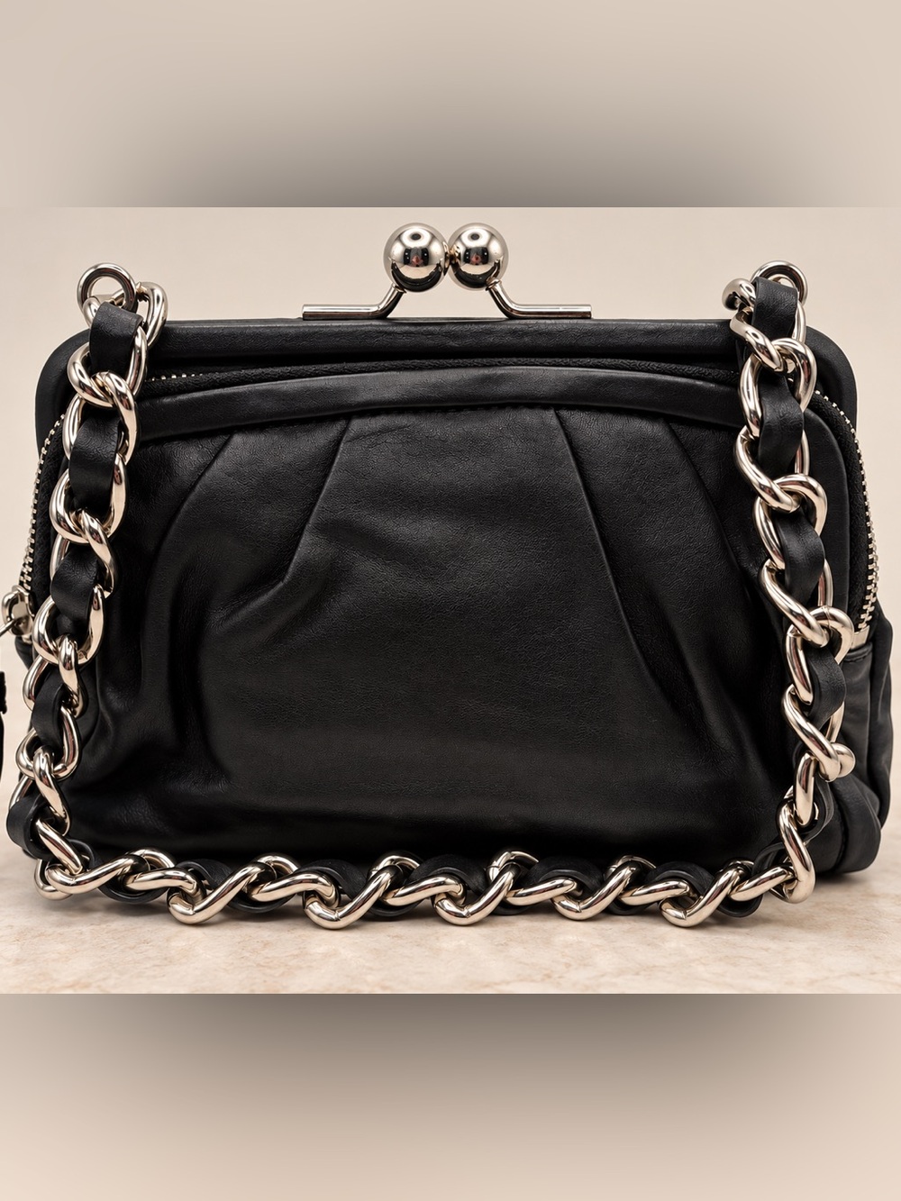 Coach Parker Double Zip Kisslock 13621 Black Leather Chain Bag